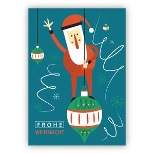 Ausgesuchte Retro Weihnachtskarte mit Santa auf Weihnachtskugel auf blau: Frohe Weihnacht