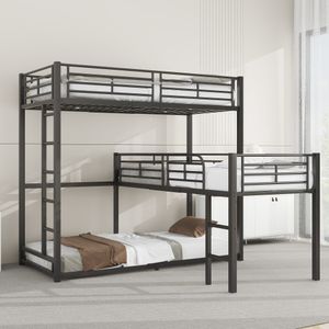 Fortuna Lai patrová postel 90x200 cm, dětská postel ve tvaru L, kovová postel, trojlůžko s roštovým rámem, jednoduchý design, černá barva