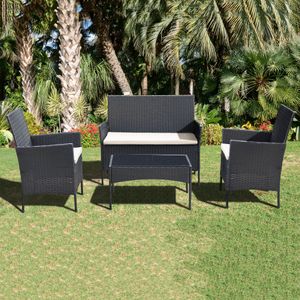 4-teilige Gartenmöbel Sitzgruppe Gartenset Lounge Polyrattan Rattan Essgruppe, Farbe:schwarz/cream