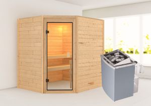Woodfeeling Sauna Elea (Eckeinstieg), Ganzglastür, bronziert, Ofen 9 kW integr. Steuerung