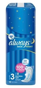 Nočný set 10 kusov vložiek Always Maxi Night s najvyššou absorpciou pre nocný komfort a ochranu.