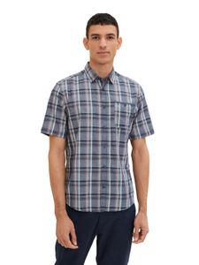 Herren TOM TAILOR Kurzarm Hemd mit Brusttasche und Kentkragen Langes Kariertes Shirt aus Baumwolle, Farben:Navy, Größe:L