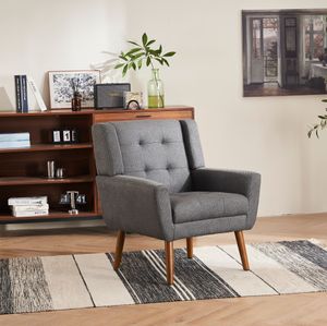okwish Mid-Century Modern Stoffsessel, Wohnzimmerstuhl, Loungesessel, Beistellstuhl, geeignet für Wohnzimmer, Schlafzimmer, Dunkelgrau und Walnuss