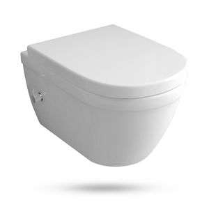 Alpenberger Toilette | Hänge-WC mit Bidetfunktion | Toilette aus Keramik | Taharet WC inkl. WC-Sitz | Inkl. Armatur mit Kalt-/ Warmwasseranschluss | Antibakterielle Eigenschaft |  EU