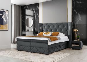 Skříňová postel 180x200 Neria Lux - kontinentální postel se dvěma zásuvkami - čelo s osvětlením, hlavní matrace z vysoce pružné pěny - tmavě šedá (Monolith 92)