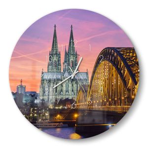 DEQORI Glasuhr Ø50 cm Zahlen 'Kölner Wahrzeichen abends' Wanduhr Glas Uhr Design leise