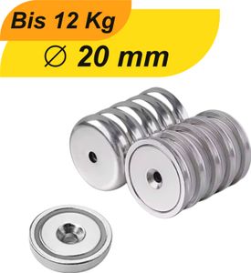 10 Stück Neodym Topfmagnet mit Senkbohrung Ø 20 mm – Haltekraft ca. 12 kg – Gewinde M4 – Beschichtung: NiCuNi