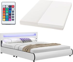 Juskys Polsterbett Sevilla 180 x 200 cm mit Matratze, Lattenrost, LED Beleuchtung & Kopfteil - Kunstleder & Holz - Bett Bettgestell Doppelbett weiß