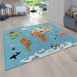 Kinder-Teppich Für Kinderzimmer, Spiel-Teppich, Weltkarte Mit Tieren, In Türkis, Grösse:200x290 cm