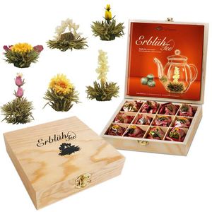 Creano Teeblumen Geschenkset in Teekiste aus Holz, 12 Erblühtee in 6 Sorten Weißtee, Geschenk für Frauen, Mutter, Teeliebhaber