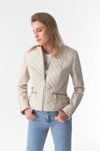 FURNIQ Lederjacke >> Gesteppte Bikerjacke aus Echtem Leder, Beige << Gesteppte Bikerjacke aus Echtem Leder, Beige