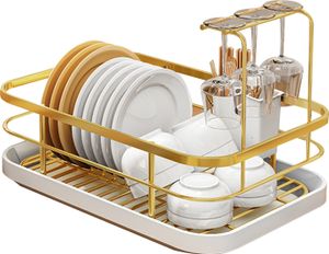 Geschirr- und Tellerregal, großes Fassungsvermögen, rostbeständig, verstellbar, belüftetes Design, Abtropfgestell für die Küchentheke mit Besteckhalter