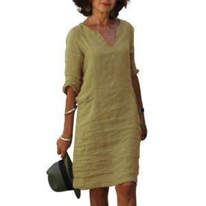 Damen Kurzärmelige Baumwolle Leinen Kleid Atmungsaktive Knie Kleid Sommer Mode,Farbe:Khaki,Größe:Xl