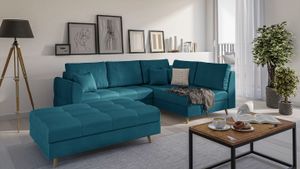 S-STYLE MÖBEL Ecksofa und Fußhocker mit Holzfüßen im skandinavischen Stil Marco aus Blau Luxusmicrofaser  - Ottomane rechts, B/T/H:231 cm/161 cm/81cm