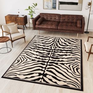 Teppich Wohnzimmer Schlafzimmer Kurzflor Design Modern Afrika Tiermuster Zebra Schwarz Creme Jugendzimmer Esszimmer  160 x 230 cm