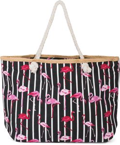 styleBREAKER XXL Strandtasche mit Streifen Flamingo Print und Reißverschluss, Schultertasche, Shopper, Damen 02012252, Farbe:Schwarz-Weiß