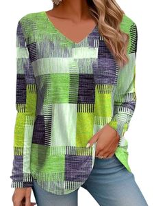 Damen Langarmshirts Lose Pullover T-Shirt Baggy V-Ausschnitt Bluse Longsleeve Oberteile Grün,Größe L
