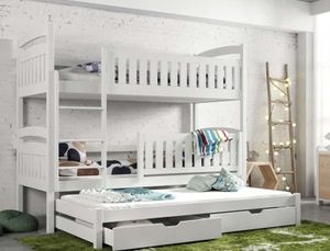 Detská poschodová posteľ z masívneho borovicového dreva BOHDANA s prístelkou a zásuvkami - 200x90 cm - BIELA