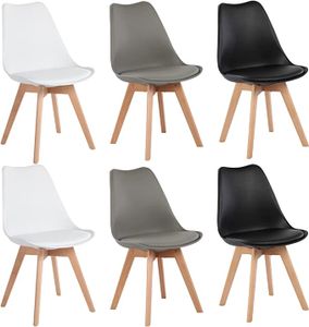 IPOTIUS 6er Set Esszimmerstühle mit Massivholz Buche Bein, Skandinavisch Design Gepolsterter Küchenstühle Stuhl Holz, 2 Weiß + 2 Grau + 2 Schwarz