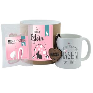 Geschenk-Set - Tasse + Schlüsselanhänger + Hab-Dich-lieb-Herzen "Frohe Ostern - Für den süßesten Hasen der Welt" (rosa oder blau)