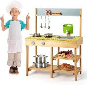 COSTWAY Matschküche Kinder Outdoor, Kinderküche Holz mit Wasserfunktion, Spielküche für Kinder mit Haken & abnehmbarem Regal, Gartenküche Geschenke für Kinder ab 3 Jahren