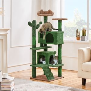 Yaheetech Kaktus Kratzbaum L 138 cm hoch, Katzenbaum mit Aussichtsplattform Katzenhöhle Sisalstämmen, Grün/Braun