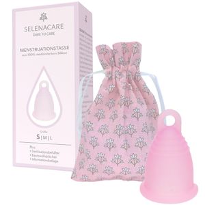 Selenacare Menstruationstasse Premium Rosa - mit Reinigungsbehälter und Aufbewahrungsbeutel, Größe S (21ml)