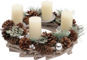 Adventskranz MCW-M15, Adventsgesteck Tischkranz Weihnachtsdeko Tischdeko, Holz MVG silber Ø 32cm  mit Kerzen