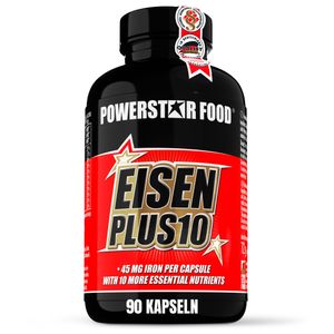 Powerstar EISEN PLUS 10 | 90 Eisen-Kapseln mit Jod, natürlichem Vitamin C & Vitamin B Komplex | Vegan & hochdosiert mit 45 mg Eisen pro Kapsel