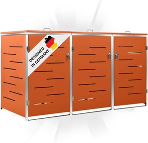 DELUKE® 3er Mülltonnenbox JAGU Edelstahl | Orange | 115x207x77,5cm | Mülltonnenverkleidung für 3 Tonnen 240L Müllbox aus Metall Mülltonnenschutz Mülltonnendach