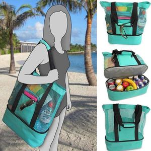 2in1 Strandtasche Große Mesh Badetasche mit Kühltasche Hoch Kapazität Handtaschen Picknicktasche für Strand Picknick Camping Grün