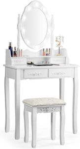 Toaletní stolek COSTWAY se stoličkou, zrcadlem otočným o 360° a 10 stmívatelnými LED žárovkami, toaletní stolek se stolkem a odnímatelnou deskou, kosmetický stolek se 4 zásuvkami, 75 x 40 x 146 cm (bílý)