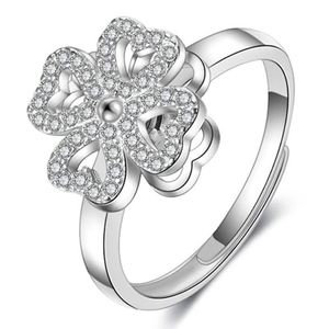 Vierblättriges Kleeblatt Rotierender Ring, Zappeln Spinner Ringe Anti Angst Ring Zirkonia Ring Einstellbarer Spinner Ring Linderung von Angst Stress Glücksring Geschenke für Frauen