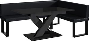 MEBLINI Eckbank für Esszimmer mit ausziehbarem Tisch  - Küchenbank - Essecke - Sitzecke Küche - ERIC - U-Beine 142x196x87cm Rechts - Schwarz Kunstleder/B Schwarz Hochgl.