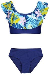 Aquarti Mädchen Bikini Set Bustier Bikinislip Zweiteiliger Badeanzug, Farbe: 037 Rüsche Bikini Grün Gelb Blätter Blau, Größe: 158