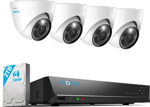 System kamer Reolink 12 MP PoE, 8-kanałowy rejestrator NVR z dyskiem twardym 2 TB do nagrywania 24/7 i 4 kopułkowe kamery monitorujące z funkcją wykrywania osób/pojazdów, dwukierunkowym dźwiękiem, reflektorami, RLK8-1200D4-A