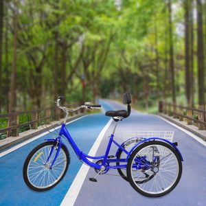 Trojkolka 24 palců 7-rychlostní kolo pro dospělé skládací městské kolo s košíkem pro seniory mládež (modrá)