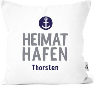 personalisierte Kissen-Hülle mit Namen Liebes-Geschenk personalisiert Heimathafen Anker Aufdruck Geschenkidee MoonWorks® weiß - navy unisize