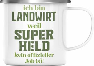 Trendation - Landwirt Geschenk Emaille Tasse Landwirtschaft Geschenke für Männer Traktor Spruch Emaille Emaille Tasse Superheld (Silber)