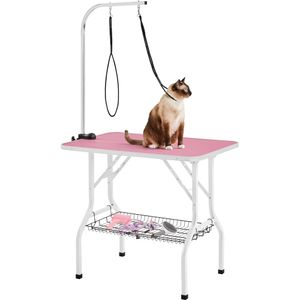 Yaheetech Tragbarer Hundepflegetisch Haustierpflegetisch für Haushaltsbaden, Haartrocken und Haarschneiden Trimmtisch mit Netzkorb für Hunde/Katzen, schwarz, höhenverstellbar Rosa