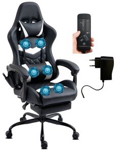 Delman Gaming Stuhl Racing Stuhl Bürostuhl Computerstuhl Massagefunktion mit 6 Vibirationspunkten Chefsessel Kunstleder Ergonomische Fußstütze 1037 Weiß