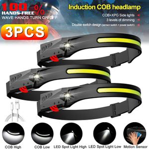 3*LED Stirnlampe, Sensorscheinwerfer USB wiederaufladbar Kopflampe, IPX4 Wasserdicht, Schwarz