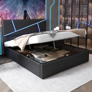 Flieks Polsterbett 90x200cm mit LED, Boxspringbett Jugendbett mit Lattenrost, Stauraumbett Einzelbett Massivholzbett, PU, Schwarz Flieks Polsterbett 90x200cm mit LED, Boxspringbett Jugendbett mit Lattenrost, Stauraumbett Einzelbett Massivholzbett, PU, Schwarz