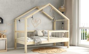 MUSA Kinderbett Hausbett Holzbett 100x200 Naturholz 100% Kiefernholz Rausfallschutz Beinhöhe 23 cm