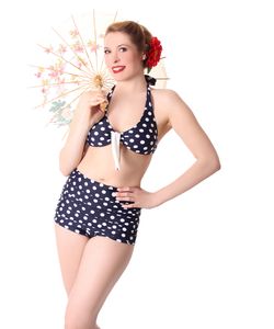 Oliana 50s Pin Up Polka Dots retro High Waist Bikini v. SugarShock, Größe:S, Farbe:navyblau weiss