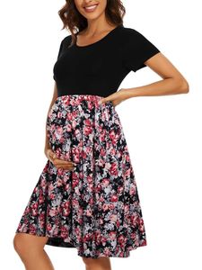 Damen Umstandskleider Schwangerschafts Kleid Lose Kleid Casual Floral Print Midikleider Schwarze Rose - Kurzarm,Größe S