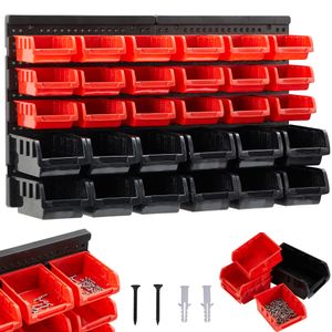 AREBOS nástenný regál na náradie, nástenná polica, úložný systém, 32 ks. , 12 veľkých a 18 stredných odkladacích boxov, vrátane upevňovacieho materiálu červeno-čierna farba