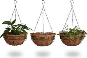 Závesný kôš Relaxdays - 3 koše, kokosový orech, objem 33 litrov, s reťazou