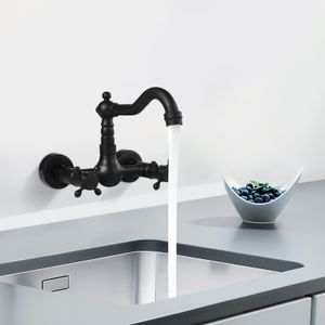 Antik Wasserhahn Wandmontage Messing Armatur doppelte Temperaturregelung Waschbecken Badewanne (schwarz) für Küche Bad