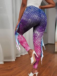 Damen Meerjungfrau Leggings Gr. XL Hohe Taille Fischschuppen Strumpfhosen Halloween Kostüm Skinny Hose Mermaid Trousers